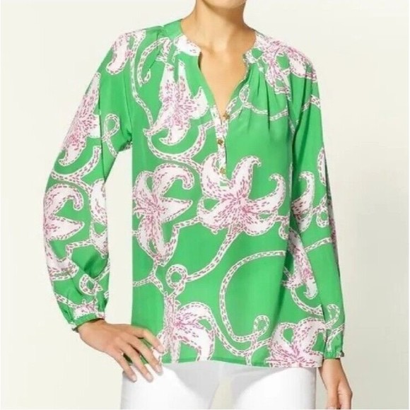 Lilly Pulitzer Rare 100% Silk Twinkle Tunic Top XS Elsa Green Pink Resort Beach - Picture 2 of 10